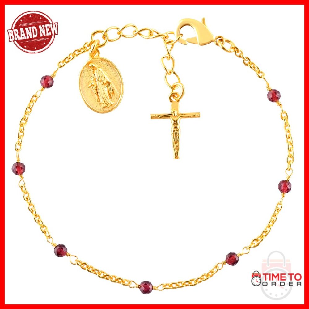 Gemstone Rosary Bracelet 18k Gold Plated Faith Charm Elegant Spiritual Jewelry